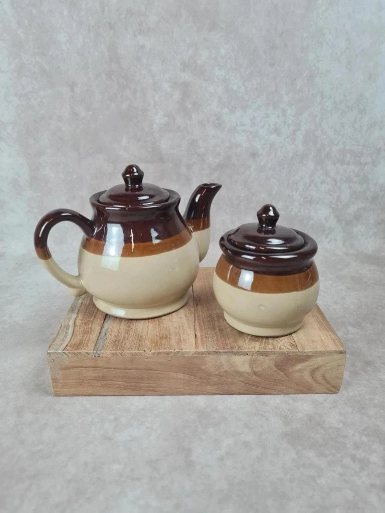 Service thé vintage en grès bicolore – théière + pot à sucre 🍵